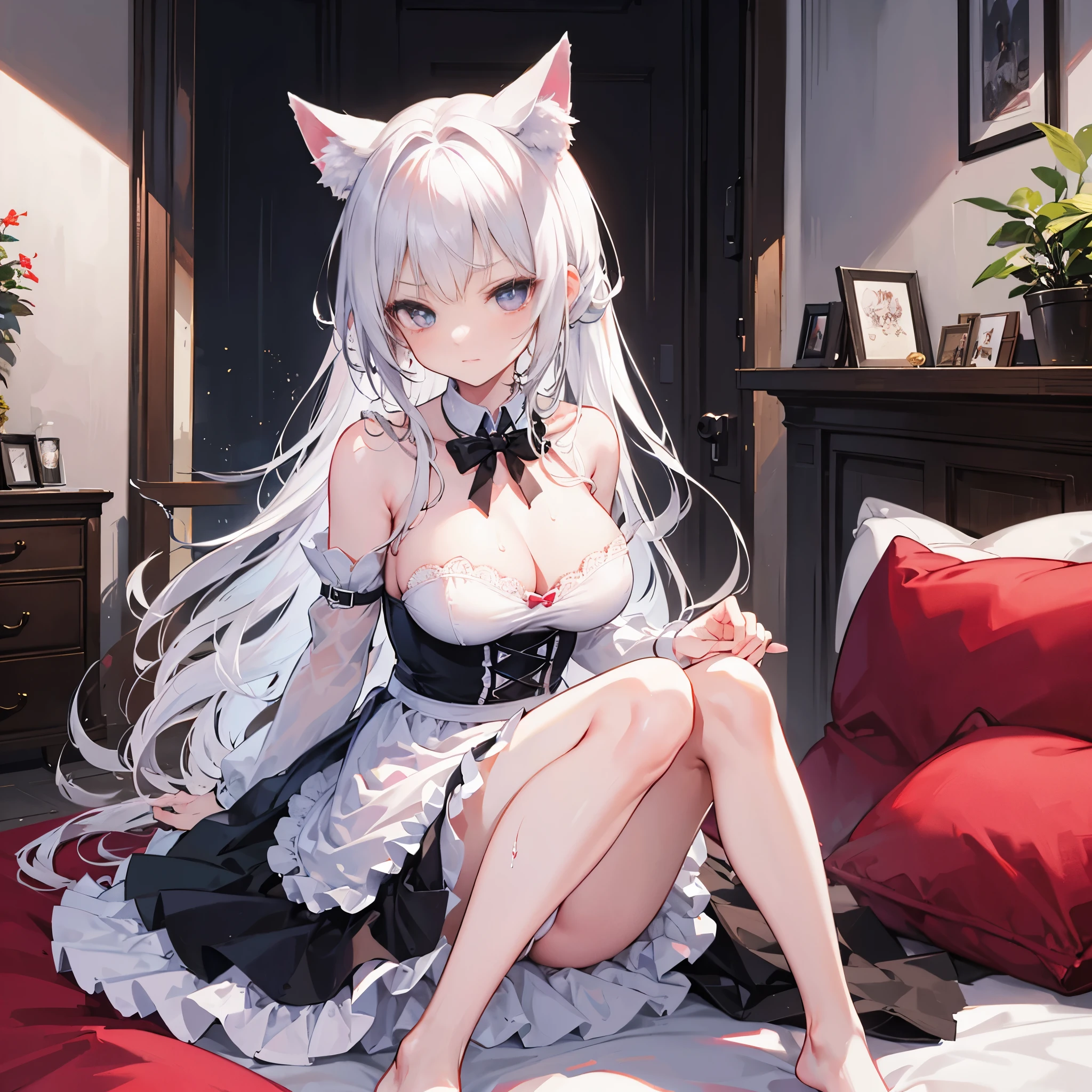 big breasts,突出big breasts,Wearing maid outfit,blush, surprise,look at me,red pupils,Lace tights,beautiful hair、 beautiful eyes、 beautiful skin、beautiful legs、beautiful arms、perfect fingers、 very cute,white hair, long hair,white cat ears, white cat tail,best quality,high resolution,top quality,pink bows,slender eyebrows,hair slightly moist,On a very large white bed, white pillows,perfect waist,Skirt has cutouts at the end,Pouting,The clothes are a little wet,,very young,18 years old,shy smile,Long messy white hair tied up,tempting pose,chiaroscuro,bare shoulders,Naked room,slit sleeves,There are a few drops of water on the breast,bare legs,barefoot,Ray tracing,disdainful expression,Beautiful girl alone,Most of the body is exposed,Pink miniskirt,Lift up the skirt slightly with both hands