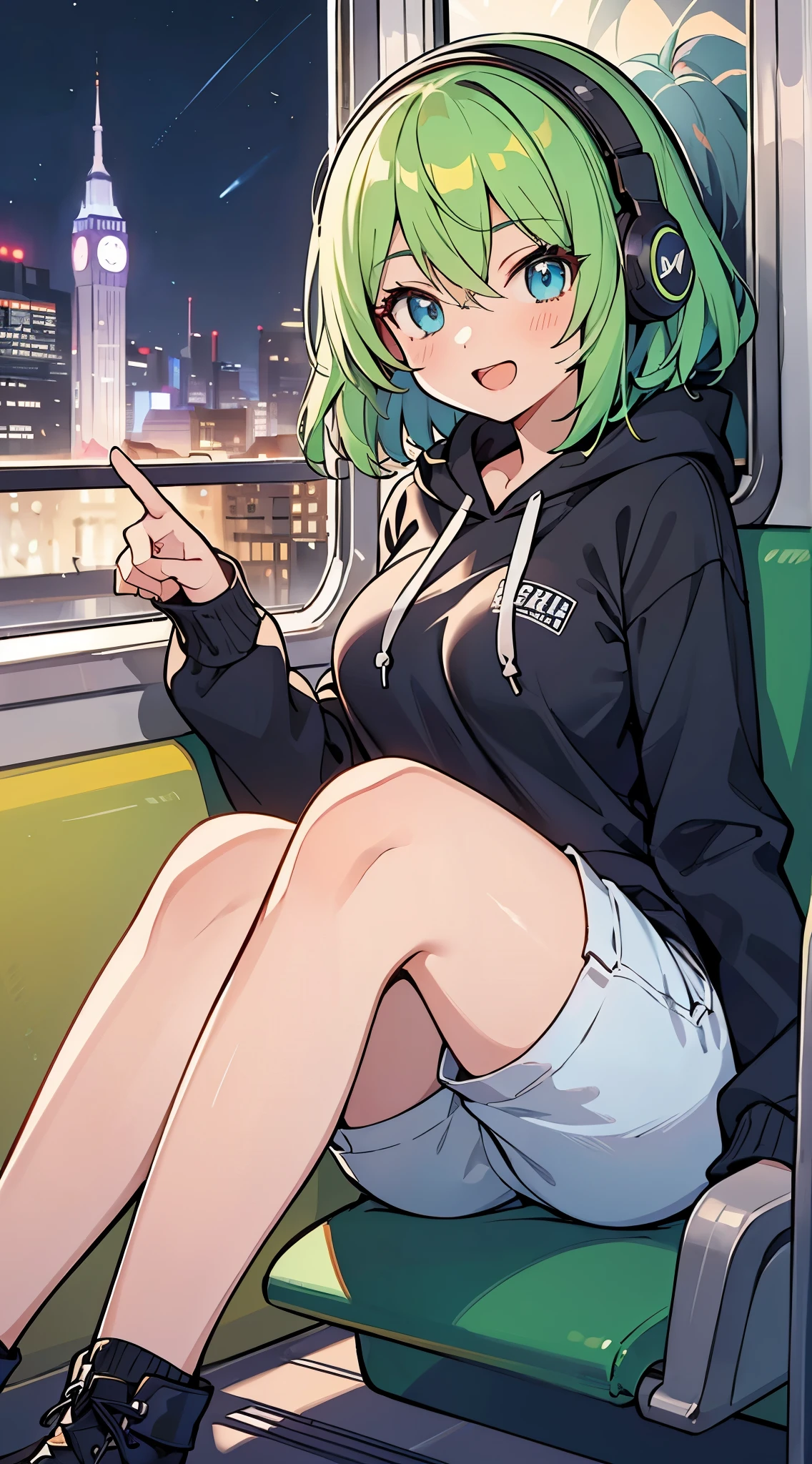 ((A Pretty girl is sitting in the train)), ((wearing hoodie and hot pants)), Headphone, face, ((master piece, top-quality, ultra-definition, high resolution)), anime girl, ((ultra-detailed illust:1.2)), only one person, bangs, hair between eye, green colored hair, beautiful hair, Blue colored eyes, Shiny eyes, Beautiful eyes, Medium breasts, Big smile, opened mouth, ((night cityscape))
