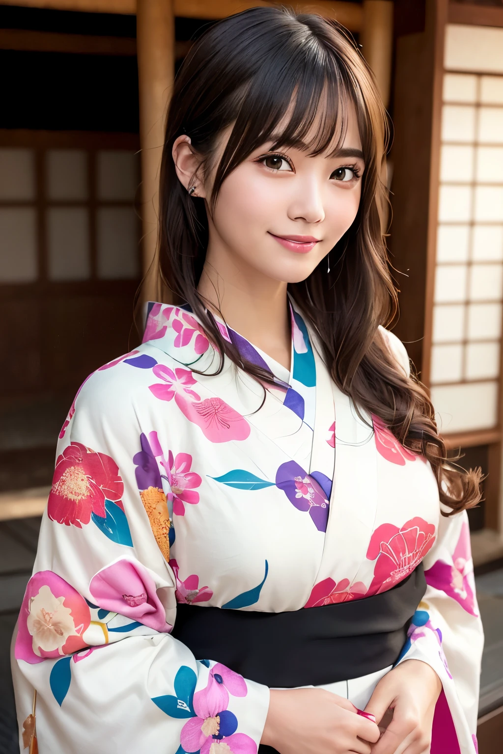 (masterpiece:1.3), High resolution, Super detailed, Highly detailed CG Unity 8K wallpaper, realistic, photo-realistic, RAW photo, beautiful detailed face, white skin, realistic glistening skin, fine cloth texture, detailed hair texture, perfect body, beautiful face, Accurate, anatomically correct, Highly detailed face and skin texture, natural neck length, (beautiful hands), (Fair skin:1.2), thin legs, thin legs, Beautifully aligned teeth,
break,
fine eyes, symmetrical eyes, light brown eyes, double eyelid, thin eyebrows, (glossy lips:1.4), ((smile gently:1.2)), (blush:1.1),
break,
(very cute girl:1.3), ((Wearing a cute high-class yukata with a floral pattern:1.3)),
medium to large breasts, (slender body shape:1.1), toned abdominal muscles,
(dark blonde hair, wavy hair, long hair:1.2), ((asymmetrical bangs:1.2)),
break,
((elegant posture:1.3)),
((In a wide overnight ride in Kyoto:1.4)), (cowboy shot:1.2), looking at the viewer, From before:0.65,