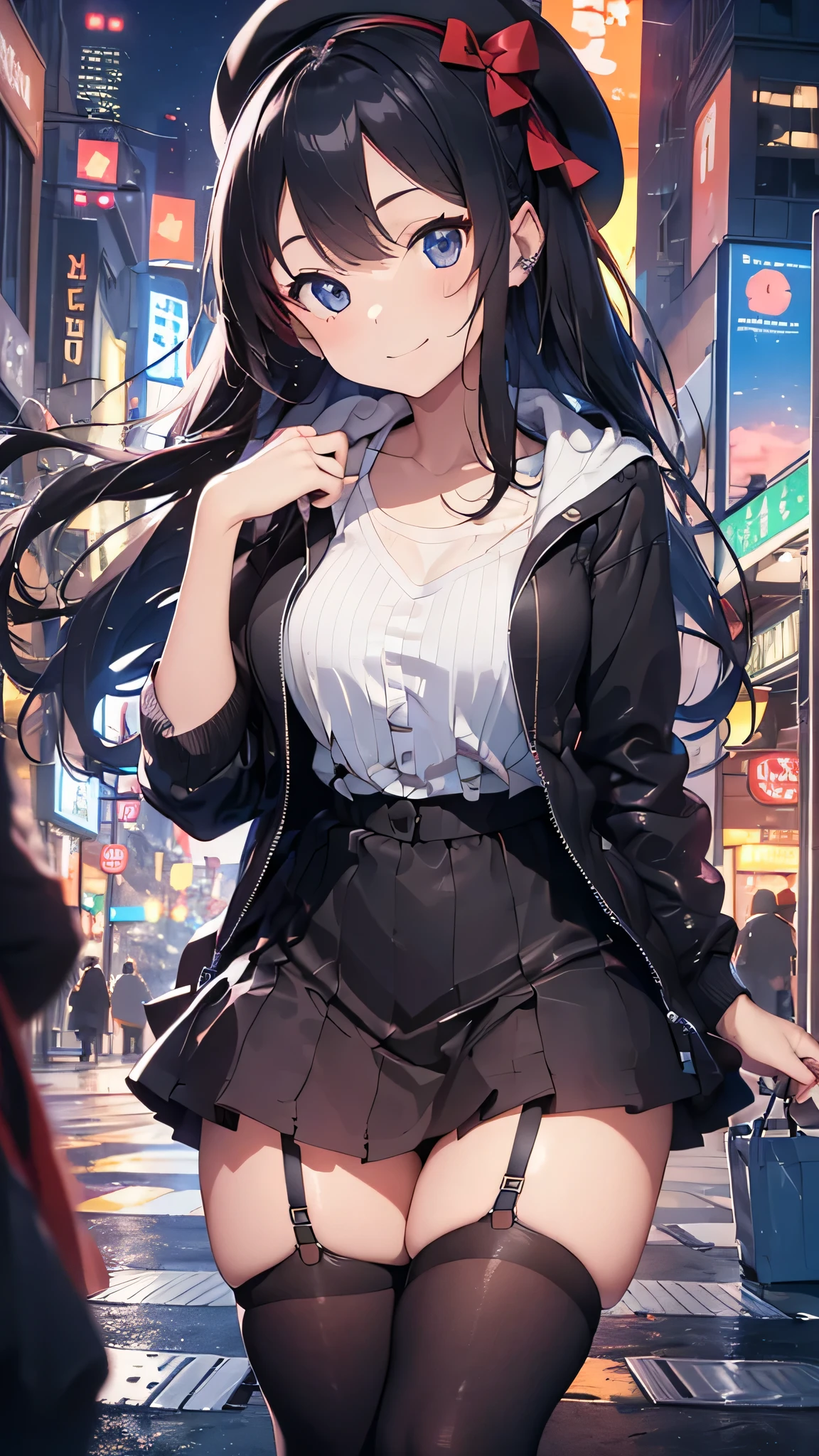 最high quality、best image quality、masterpiece、teenage girl((18-year-old、 By becoming、vest bust、medium bust,wide open breast tea、black eye, black hair、long hair、thin,highest valley、black hoodie(2:3),white skirt、sit、open thighs、cute blue hat、smile、put your hands behind your back、The wind blows)),high quality、beautiful art、background((City of night、Restaurant Area)),debris flies、Depth of written boundary、movie、visual art、perfect art、8K,genuine