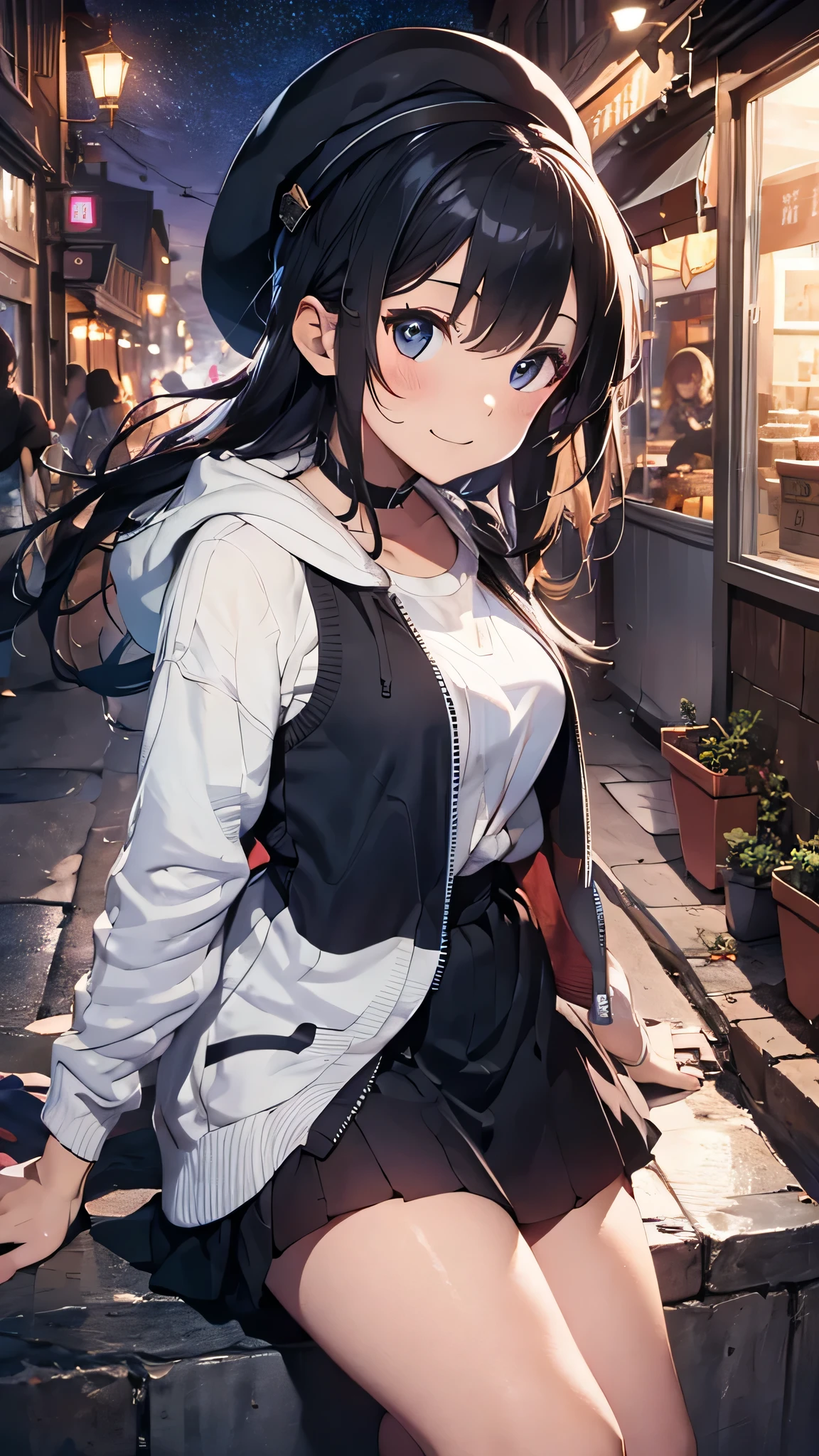 最high quality、best image quality、masterpiece、teenage girl((18-year-old、 By becoming、vest bust、medium bust,wide open breast tea、black eye, black hair、long hair、thin,highest valley、black hoodie(2:3),white skirt、sit、open thighs、cute blue hat、smile、put your hands behind your back、The wind blows)),high quality、beautiful art、background((City of night、Restaurant Area)),debris flies、Depth of written boundary、movie、visual art、perfect art、8K,genuine