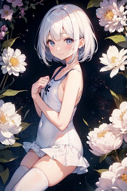 one girl、前面にwhole body写真、whole body、Are standing、white hair、short hairstyle、Big eyes、young girl、smile、school swimsuit、white stockings、highest quality、4K、High resolution、masterpiece