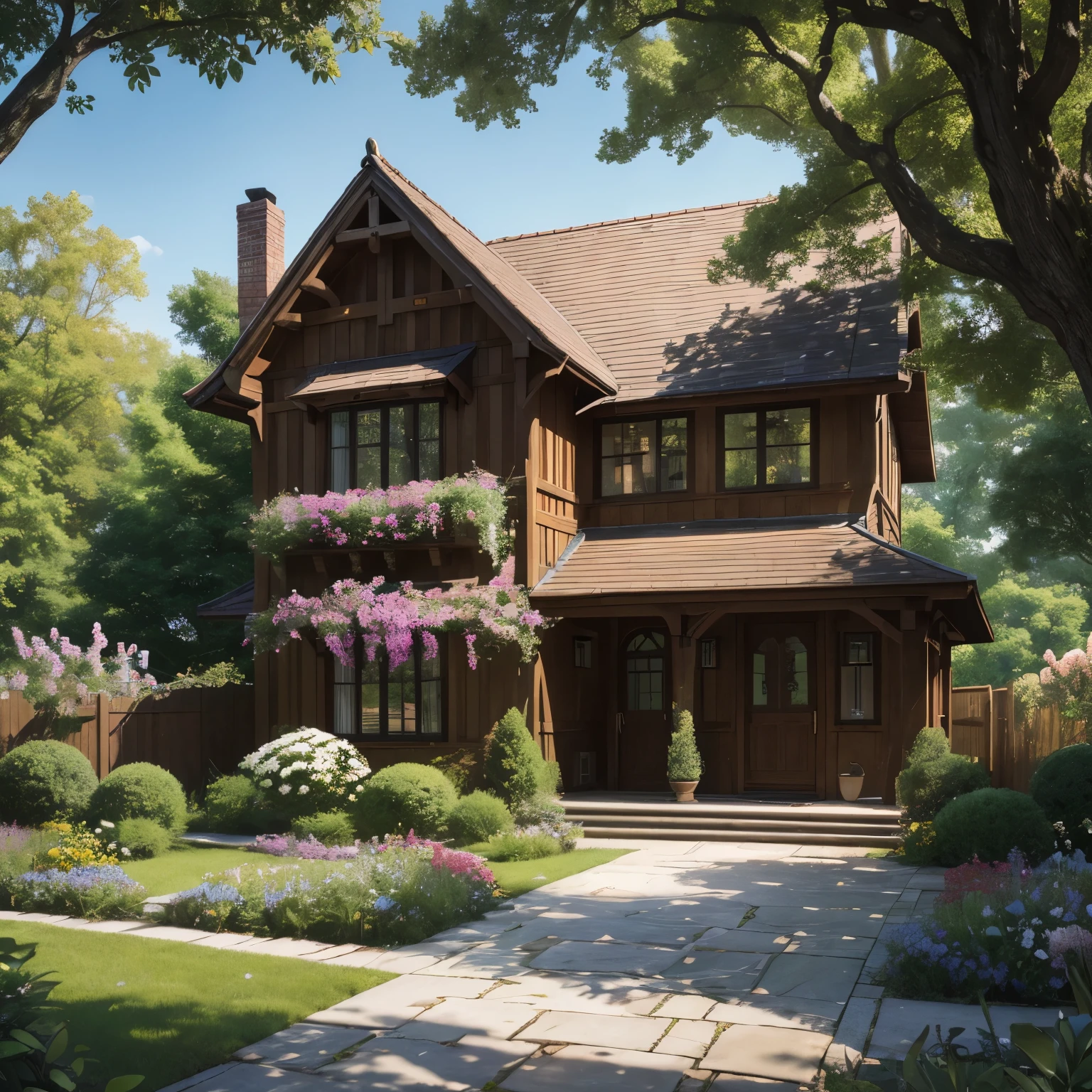 (best quality,4k,8k,highres,masterpiece:1.2),ultra-detailed,(realistic,photorealistic,photo-realistic:1.37),large house in the countryside with beautiful detailed gardens, two-story house, red brick exterior, white-framed windows, sloping roof with chimneys,tall green trees surrounding the house, blooming flowers in vibrant colors, colorful flower beds, a winding stone pathway leading to the front door, a cozy porch with rocking chairs, a swing hanging from a tree, a wooden fence separating the house from the rest of the garden, a peaceful and serene atmosphere, warm and golden sunlight streaming through the leaves, soft shadows creating depth and contrast, vivid colors and rich textures, a sense of tranquility and harmony, capturing the beauty of nature and architecture in perfect balance.
