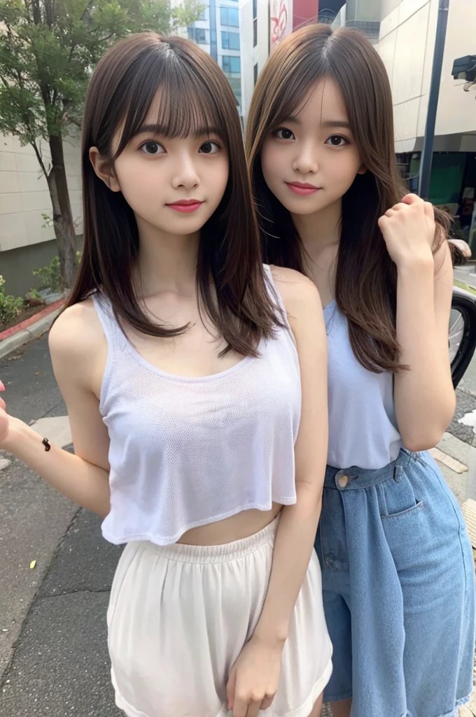 highest quality、Super high resolution、(Photoreal:1.4)、(Ulzzang-6500:0.4)、beautiful woman、japanese idol、18-year-old、hair length、light brown hair、neat wavy hairstyle、、very small breasts、realistic eyes, thin narrow eyes、beautiful eyes、laughter、crop top、Tank top、wear see-through shirts、mini skirt、in the street、thin、A thin、slender body line、Taken from diagonally above