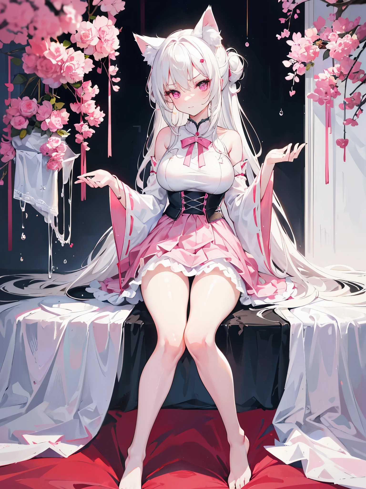 the bride,Full body in camera,full bodyesbian,(tmasterpiece),(best qualtiy),(A pink-haired,long whitr hair:2,White flower decoration,White hairpin),(lacepantyhose,White panty hose,stocklings,Full body pantyhose),(white wedding gown,Wedding dress),(panties are visible:1.5,Pink panties),pink necktie,cherry blossoms print,Holding a bouquet of flowers in both hands,white long gloves,Cross pendant necklace,(cuteexpression,ssmile,Playful),heart - shaped pupils,The eyes show love,Loving eyes,(Be red in the face,putting makeup on, Blushlush),(White high heels,Pink cherry blossom decoration),Dimly lit church,Faint candlelight,Dim candlelight,SakuraNS, the night,have to pee,Pee,pissing,Pee yourself,Top lighting,16k,High- sharpness,high qulity,wide wide shot,Bright colors