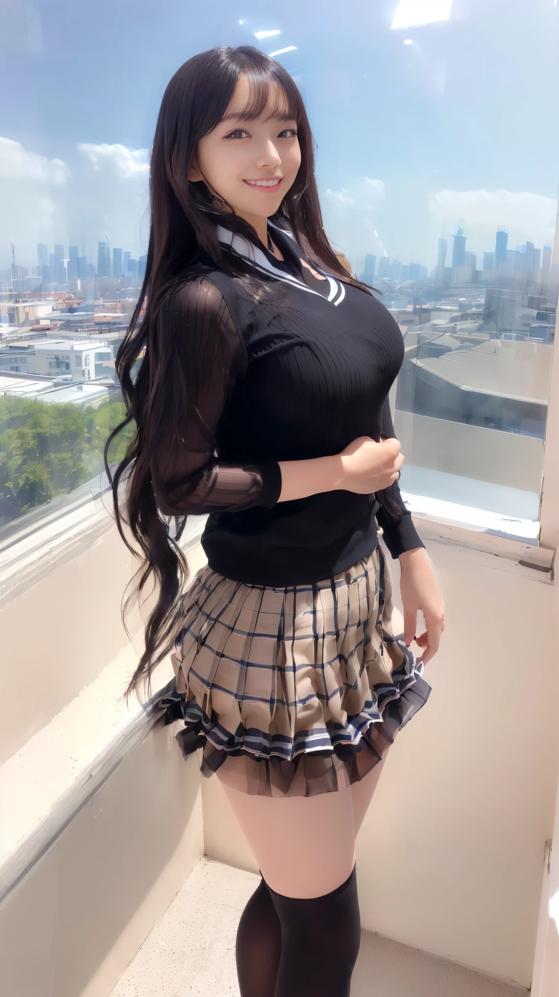 (8K、ultra high resolution、highest quality、masterpiece、realistic、ultra high resolution)、(big breasts、high school girl uniform、(Always transparent and see-through pleated miniskirt):1.28)(school rooftop、black straight hair:1.15)japanese woman、cute smile、Must wear black pantyhose、black loafers