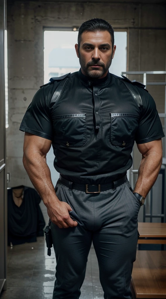 Masterpiece, highest quality, Ultra-Realistic, one man, full body shot, Italian policeman, italian, italian police uniform, rugged, muscular, big biceps, big forearms, bodybuilder body, hairy, very short hair, buzz cut hairstyle, masculine, manly, serious, patrolling, police boots, police gloves, looking directly at viewer, rugged face, Chiselled face, dimple in chin, buzz cut, big bulge, highly detailed realistic police uniform:1.5), (big bulge:1.5), patrolling, ((full body shot)), rugged, masculine, manly, muscular!, hairy, tall, 40 years old, full stubble beard, ((tight police uniform)), hairy!!, muscles!!, sweaty, dominating, alpha male, nsfw, ((Italian carabinieri police uniform)), burly, hairy and big forearms, big biceps, bodybuilder body, smiling, ((carabinieri)), (carabinieri blacl tall boots), ((open police shirt:1.6)), ((bubbly perfect ass))