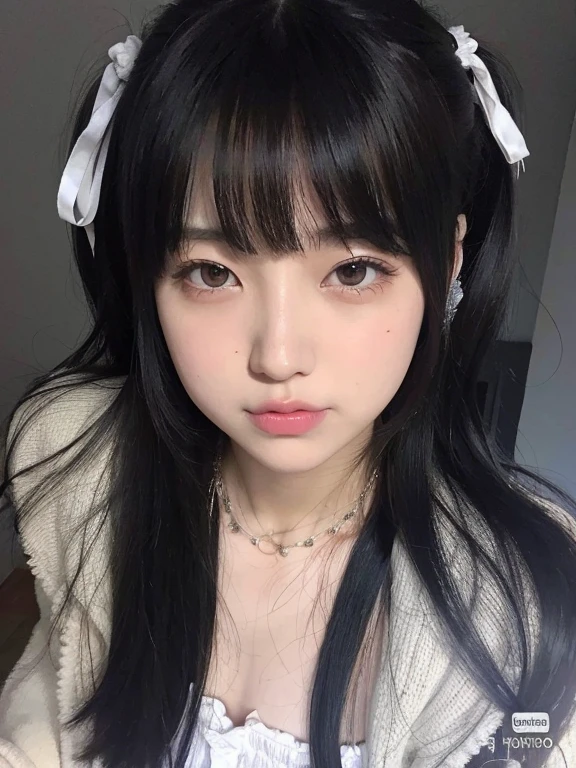 un primer plano de una chica con cabello largo y negro y una camisa blanca, linda cara de anime natural, ulzzang, pelo cortado hime negro, cruel korean gothic girl, ella tiene el pelo negro con flequillo, pelo negro y ojos grandes, retrato realista kawaii, chica anime en la vida real, con pelo largo y ojos penetrantes, peinado de corte hime blanco, linda chica kawaii
