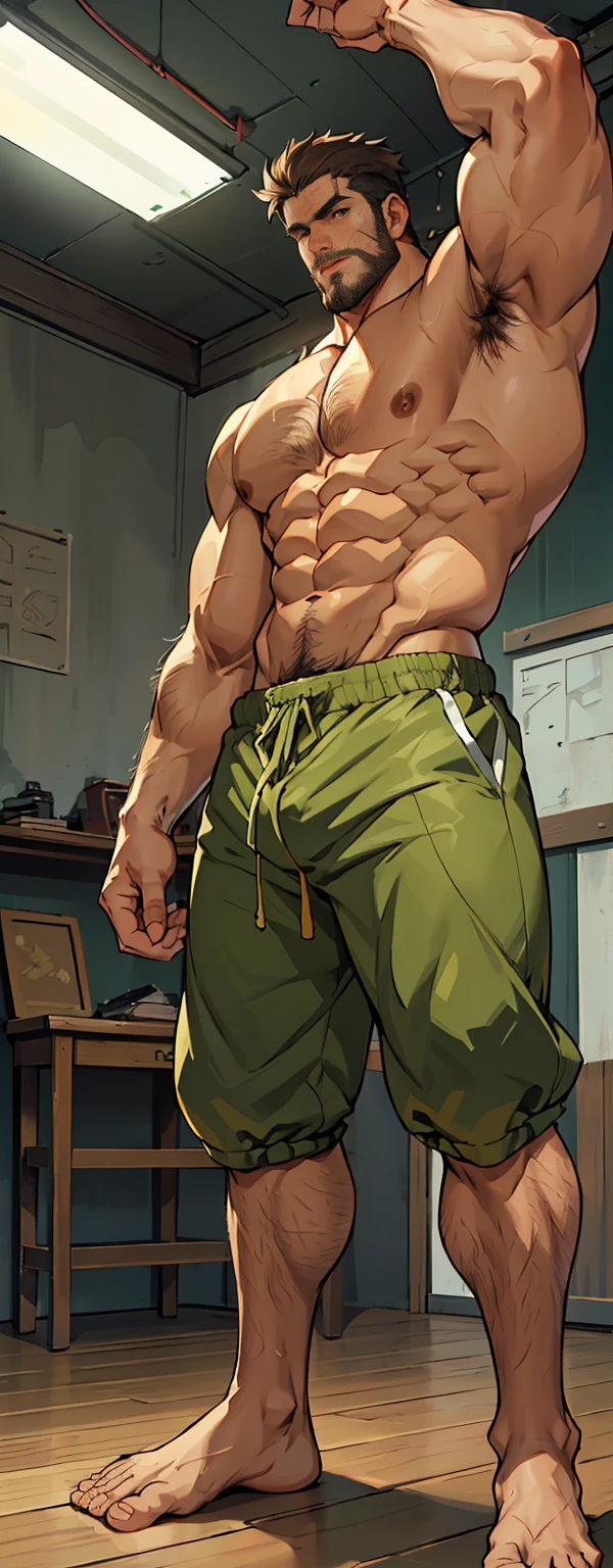 (shoeless),(shoeless),ripe,(Long legs covered with long, thick leg hair),Super big feet,(Whole body),(Long leg hair),( With a green tattoo on his shoulder),(body hair thick),(He was wearing Baggy shorts which showed his long, muscular, hairy legs),(The genital organs are extremely prominent),(Very large genitalia),The background in an interior with vintage furniture and vintage wooden floor surroundinacropodia),(Side to audience) ,(Put his hands at his waist), (eyes looking at audience) ,(There a huge protuberance across the part),Side Body,Sharp eyes,(Thick dark brown hair on crotch),(Bottom-up view),Shoulders very broad,Muscles protrude a lot,Bulging crotch,(Long legs),Highest image quality,Anime ,anime wallpaper,Dilation of the pectoral muscles,Espalhe as pernas,sexy,(master part, best quality),((Exaggerated bulge of muscles)),The protagonist very tall and his head almost reaches the ceiling,Lush woods outside the window,musclebound and hulking, muscular characters, super buff and cool, tall and muscular, muscular!!, very buff, muscular attractive men, massive muscles, big muscle, Muscular men, anime handsome men, muscular!, gigachad muscles, muscular bodies, muscular character,(The house is very low),(head almost touched the roof),(Long legs covered with long, thick leg hair),(Long legs covered with long, thick leg hair),(Long legs covered with long, thick leg hair),(Long legs covered with long, thick leg hair),(Long legs covered with long, thick leg hair),(Long legs covered with long, thick leg hair),(Long legs covered with long, thick leg hair),(Long legs covered with long, thick leg hair),(Long legs covered with long, thick leg hair),(Long legs covered with long, thick leg hair),(Long legs covered with long, thick leg hair),(Long legs covered with long, thick leg hair),(Long legs covered with long, thick leg hair),(Long legs covered with long, thick leg hair),(Long legs covered with long, thick leg hair),(Long legs covered with long, thick leg hair)