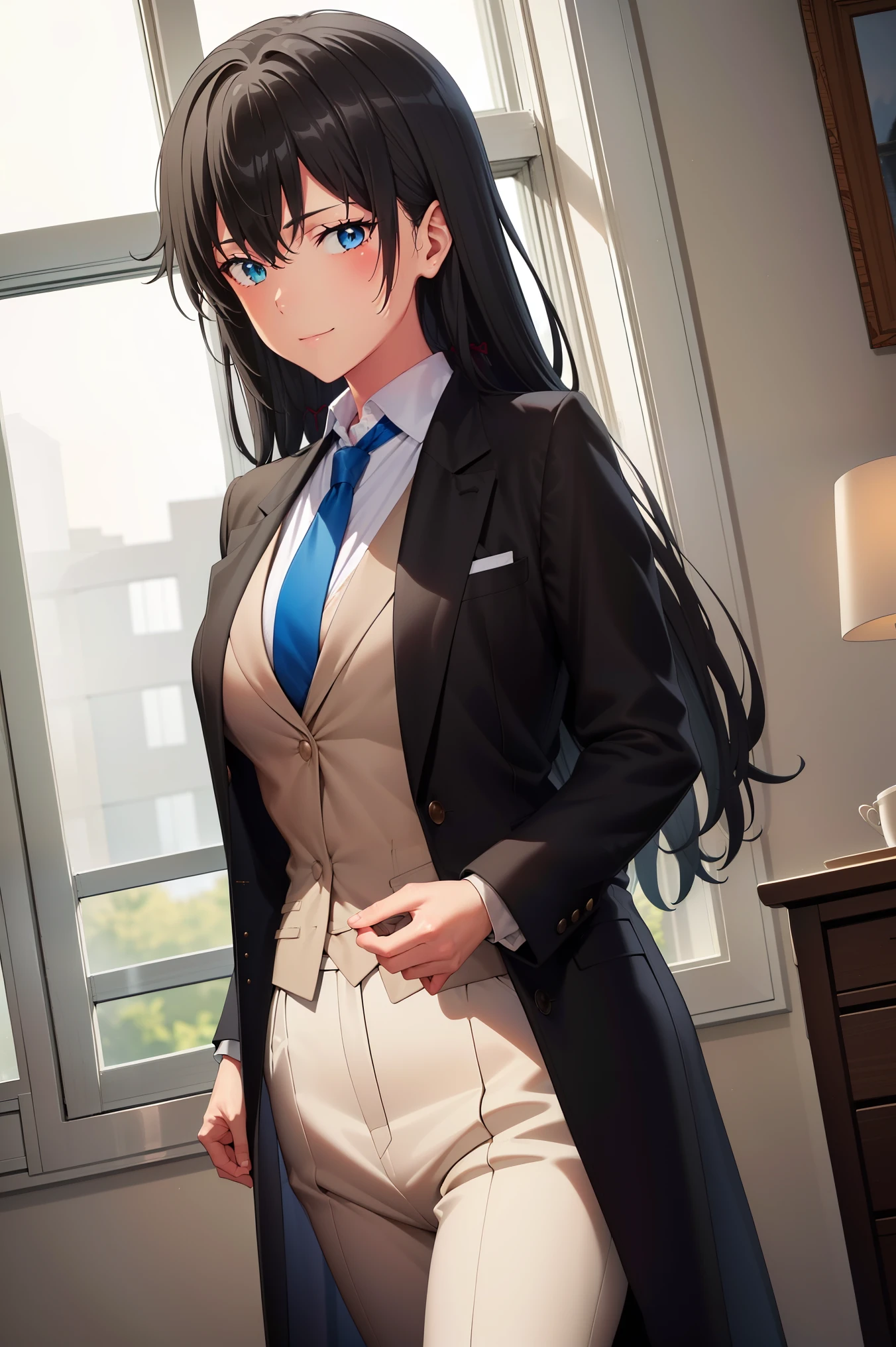 Yukinoshita yukino ,woman in formal attractive tailcoat standing in a large alcove in the room , 1girl, solo, blue necktie, black hair, blue eyes, long hair, smile , collared shirt, white pants, white shirt , tailored tailcoat elegant , standing in front of a window ,tailcoat tailored to perfection crafted from the lustrous 