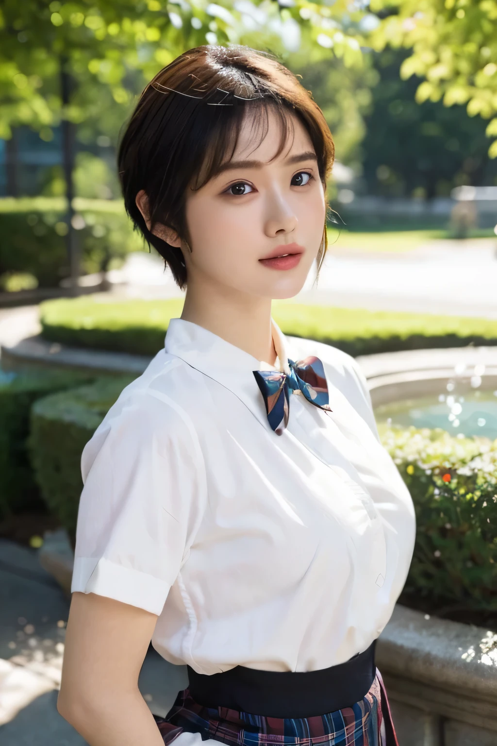 (highest quality,8k,masterpiece),
Very beautiful Japan model,detailed skin,realistic skin, lip gloss,rouge,
very short hair,pixie cut,
School_uniform, 大き目のイヤリング
big breasts,Peaches,
plaid skirt, white shirt, big breasts,