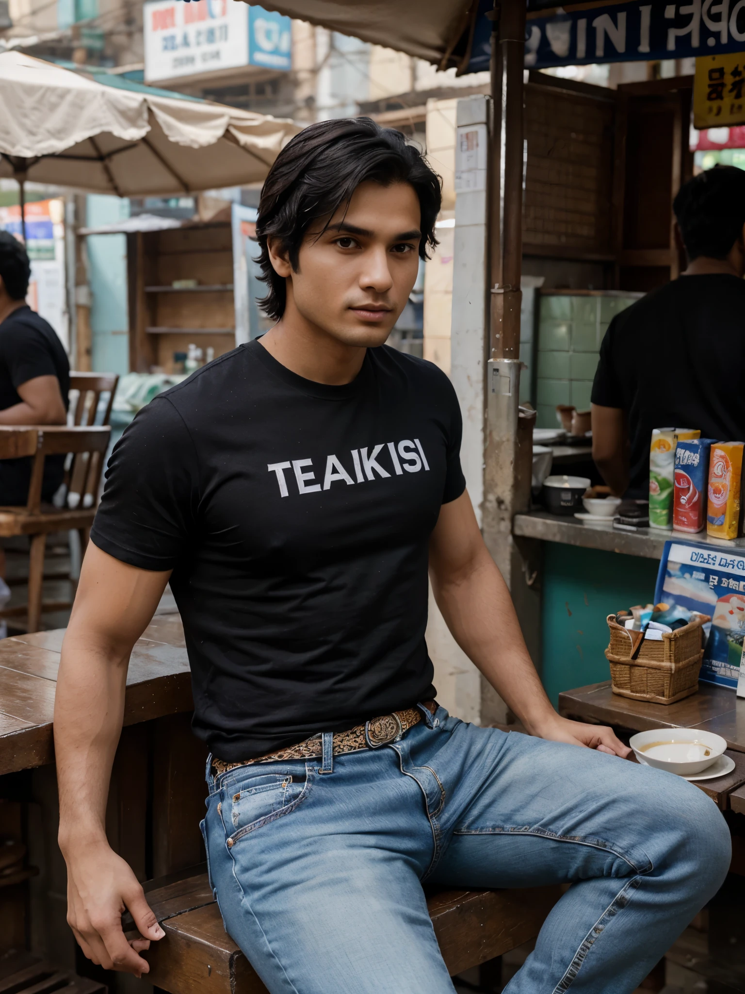 An ultra-realistic portrait of a 30-year-old male model with fair complexion and black hair, athletic build, sitting at a tea stall in Mumbai. wearing jeans and tshirt