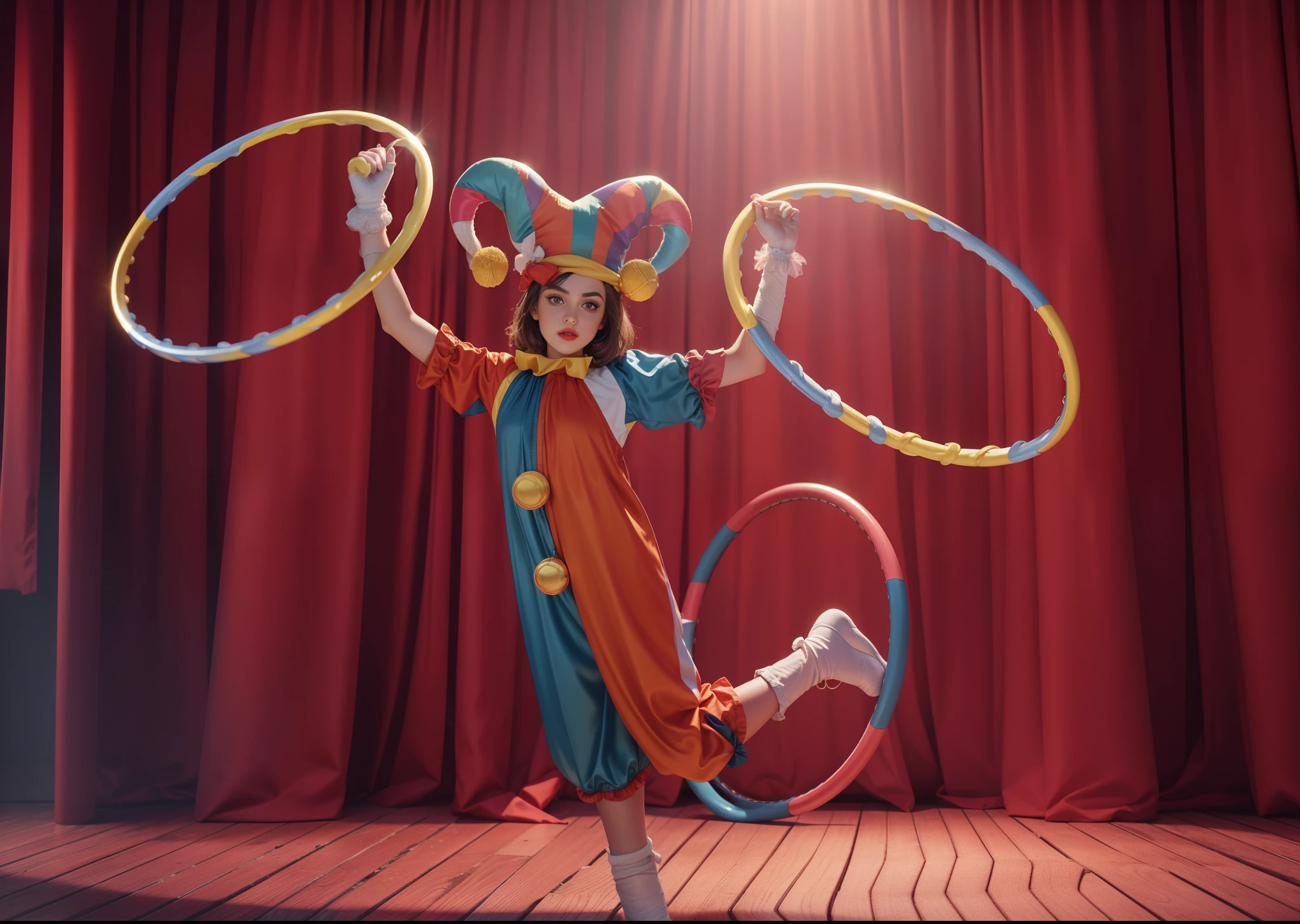 clowny girl with hula hoops, circus, clowny style, scene, spotlight, eyes are shining, rim light, detailed fabric textures, glossy costume, reflective, best quality, 4k, masterpiece:1.2, ultra-detailed, realistic, vivid colors, dark and moody lighting, The image of the highest quality, ensuring every detail showcased perfectly. It in 4k resolution, allowing viewers to immerse themselves in the richness of the colors and intricate details. The realistic rendering. under the spotlight, reflecting, high-resolution image, realistic rendering, dark background, and rim light.


