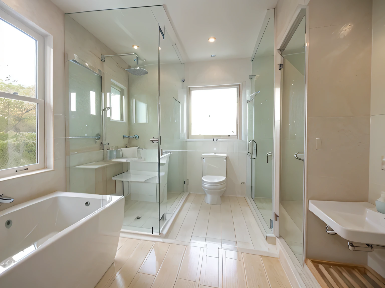 one room bathroom,White gold as main color,large mirror,Suspended wash basin,Shower with glass sliding door,The toilet also has a glass partition,Wooden floor