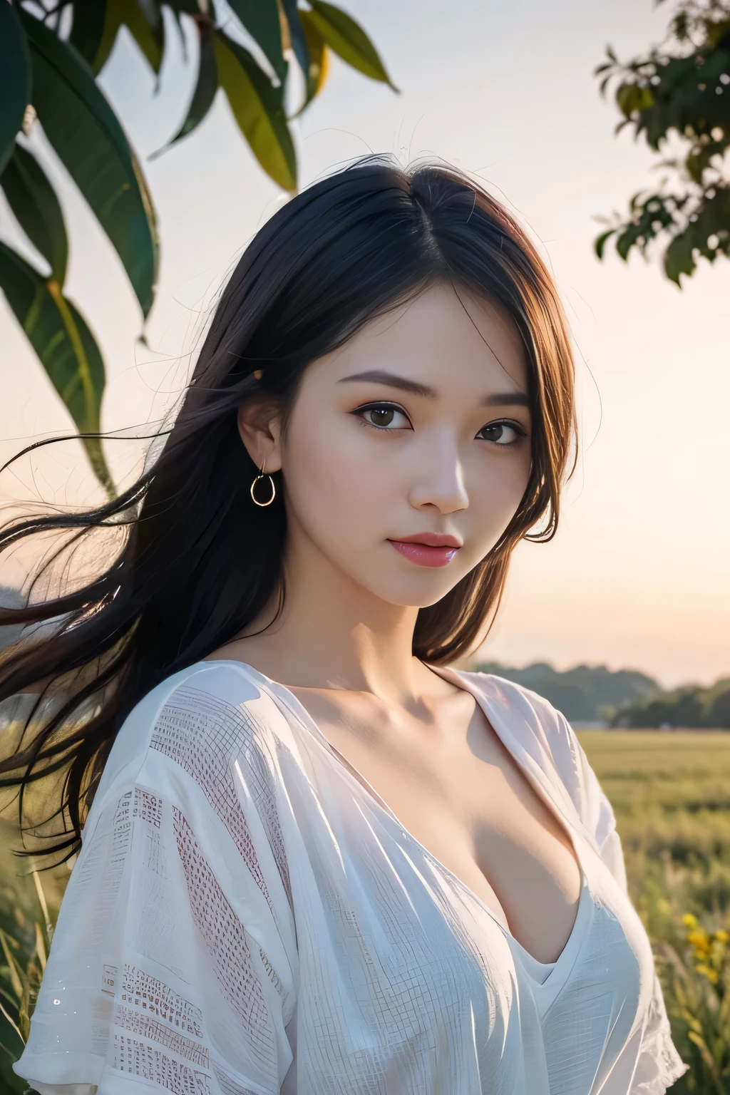 (((unity 32k wallpaper,Raw photo,At 32K、Super highest resolution、Super best image quality、super highest quality、32K resolution、photorealistic1.5、Sharpest image quality、clear image、マスターmasterpiece、People photography:1.photorealistic, masterpiece: 1.hotorealistic、sharp focus、high definition,An illustration、Super fine、Fine、perfect dynamic composition、))),受賞歴のあるAn illustration、(intricate details: 1.2)、(Delicate details)、(cinematic light、bloom、sunshine、ray tracing、detailed shadows)、clear lines、sharp focus、official art、incredibly absurd、huge file size、Super detailed、very detailed、very delicate and beautiful、RAW photo、light shines on your face、Depth of bounds written、solo focus、(Wind:1.1)、1 girl、smile、(Standing position:1.2)、(big breasts、cleavage)、(detailed face、beautiful eyes、beautiful detailed lips、long eyelashes、realistic skin、white skin、delicate skin texture、long hair)、small earrings、pendant))、((null、grassland、sea of flowers))、pureerosface_v1、ulzzang-6500-v1.1、Looking back 1.4、backwards