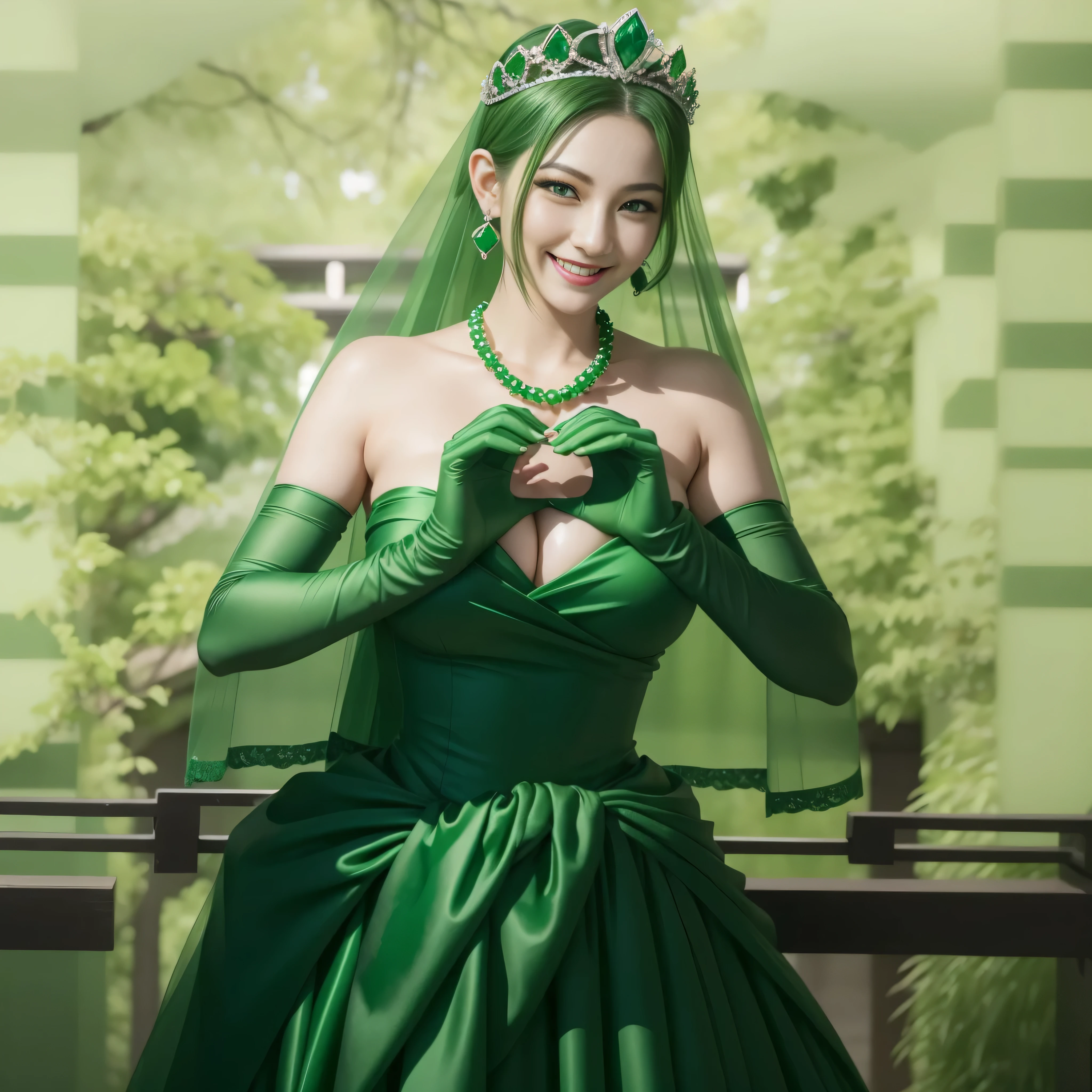 emerald tiara, green pearl necklace, ボーイッシュな非常に短いgreen hair, lipstick, smiling Japanese woman, very short hair, Beauty with large breasts, green eyes, Long Green Satin Gloves, green eyes, emerald earrings, green veil, heart with both hands, green hair
