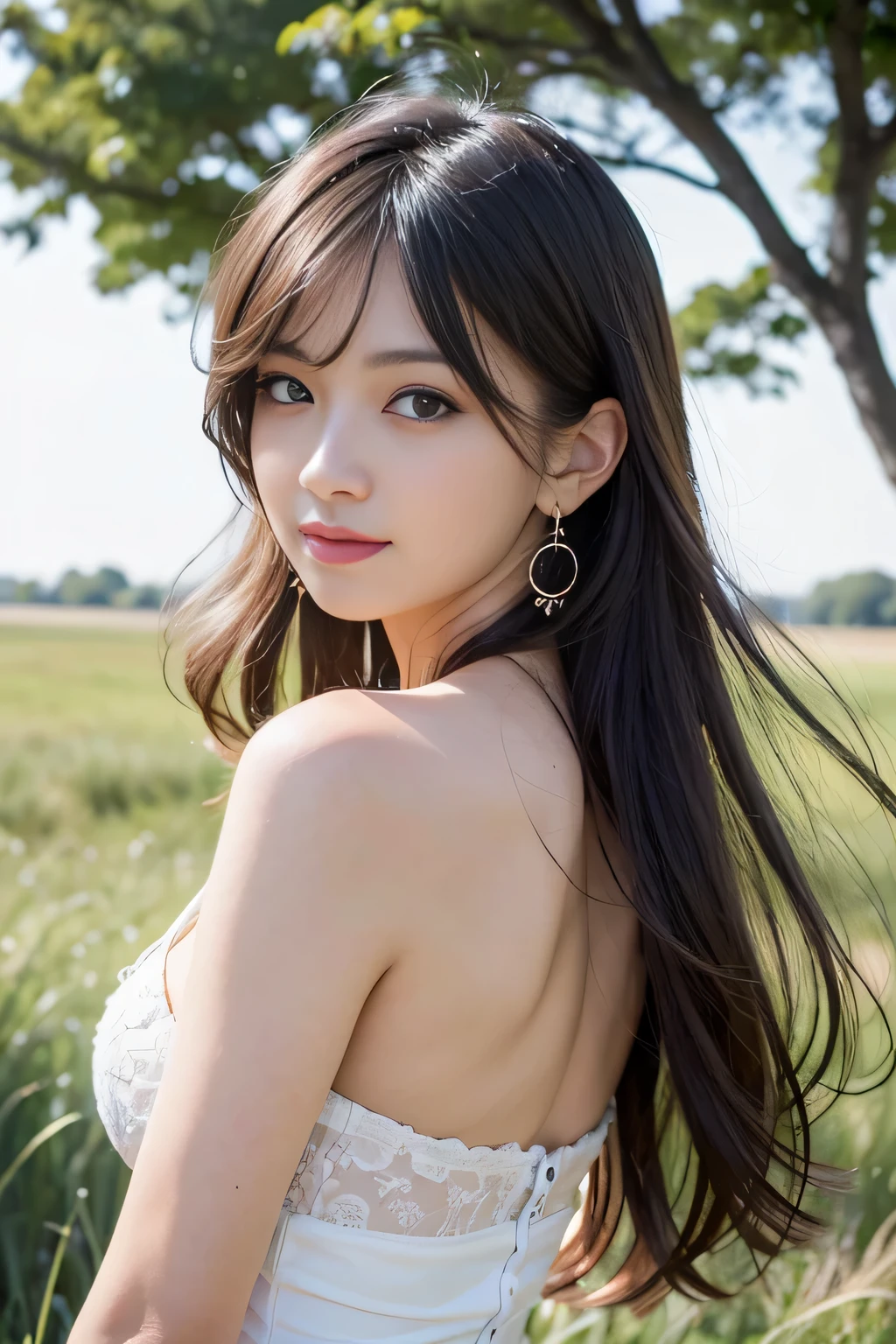 (((unity 32k wallpaper,Raw photo,At 32K、Super highest resolution、Super best image quality、super highest quality、32K resolution、photorealistic1.5、Sharpest image quality、clear image、マスターmasterpiece、People photography:1.photorealistic, masterpiece: 1.hotorealistic、sharp focus、high definition,An illustration、Super fine、Fine、perfect dynamic composition、))),受賞歴のあるAn illustration、(intricate details: 1.2)、(Delicate details)、(cinematic light、bloom、sunshine、ray tracing、detailed shadows)、clear lines、sharp focus、official art、incredibly absurd、huge file size、Super detailed、very detailed、very delicate and beautiful、RAW photo、light shines on your face、Depth of bounds written、solo focus、(Wind:1.1)、1 girl、smile、(Standing position:1.2)、(big breasts、cleavage)、(detailed face、beautiful eyes、beautiful detailed lips、long eyelashes、realistic skin、white skin、delicate skin texture、long hair)、small earrings、pendant))、((null、grassland、sea of flowers))、pureerosface_v1、ulzzang-6500-v1.1、Looking back 1.4、backwards