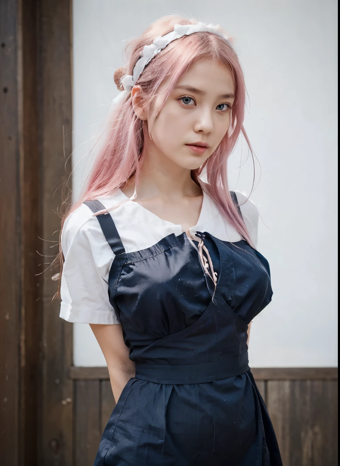 1girl, pink hair, long hair, black hair band, blue eyeballs, Long white shirt wrapped with Japanese Women's Summer Dress, realistic, ultra detail, lensa 70mm