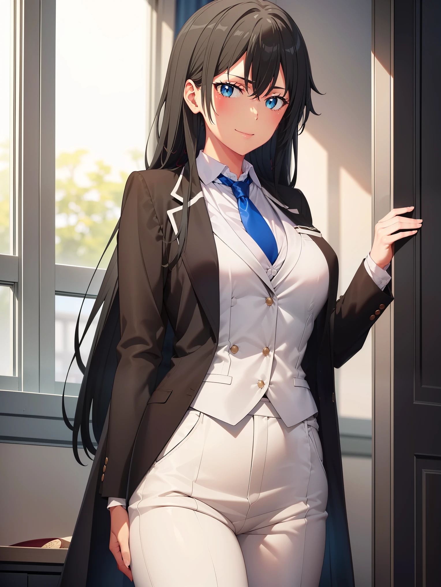 Yukinoshita yukino ,woman in formal attractive tailcoat sitting in a large alcove in the room , 1girl, solo, blue necktie, black hair, blue eyes, long hair, smile , collared shirt, white pants, white shirt , tailored tailcoat elegant , standing in front of a window ,tailcoat tailored to perfection crafted from the lustrous fabric
