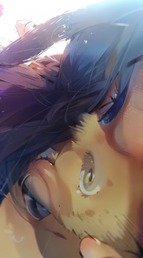 there is a woman holding a small kitten in her arms, neck zoomed in, close up at face, close up half body shot, neck zoomed in from lips down, woman and cat, very close shot, close up shot from the top, close up face, face close up, very very low quality picture, really close - up shot, middle close up shot