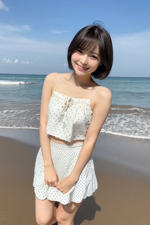 beach,An innocent Japanese beautiful girl standing on the sandy beach, high ager, Height: 155cm, bust 79cm, Waist 55cm, Hips 90cm, barefoot, standing tall on the sandy beach, Shot straight ahead, photo from the knees up, Photo from the feet, standing position, elongated facial contour, Smile a little,sharp cheeks, round chin, clean nose, looking at the camera, thin cheeks, round chin, long eyes, beautiful eyes, black eyes, bob cut hair, brown hair, Navel soup, White tank top with large light blue polka dots on a white background, Fluttery white mini skirt