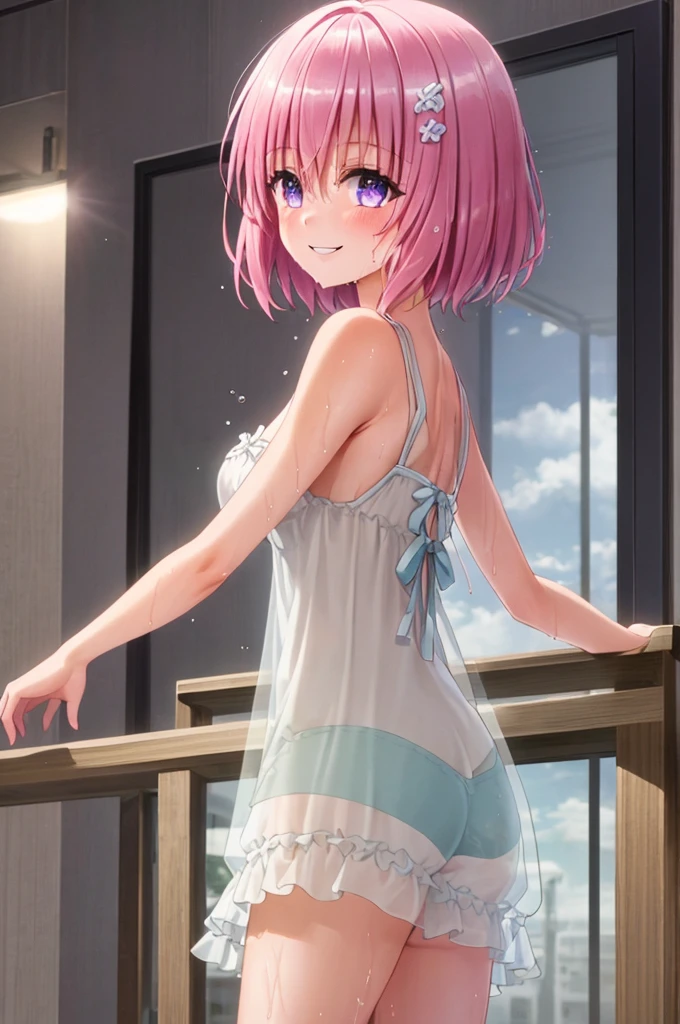 (Highest image quality:1.1), (masterpiece:1.4), (disorganized:1.0), Portrait, Close-up, 1girl, momo velia deviluke, hair ornaments, bob cut, Shorthair pink hair, purple eyes, Medium breasts, sheer nightgown , transparent underwear, Wet hair, charming, Audience, Bedroom, smile, solo, standing