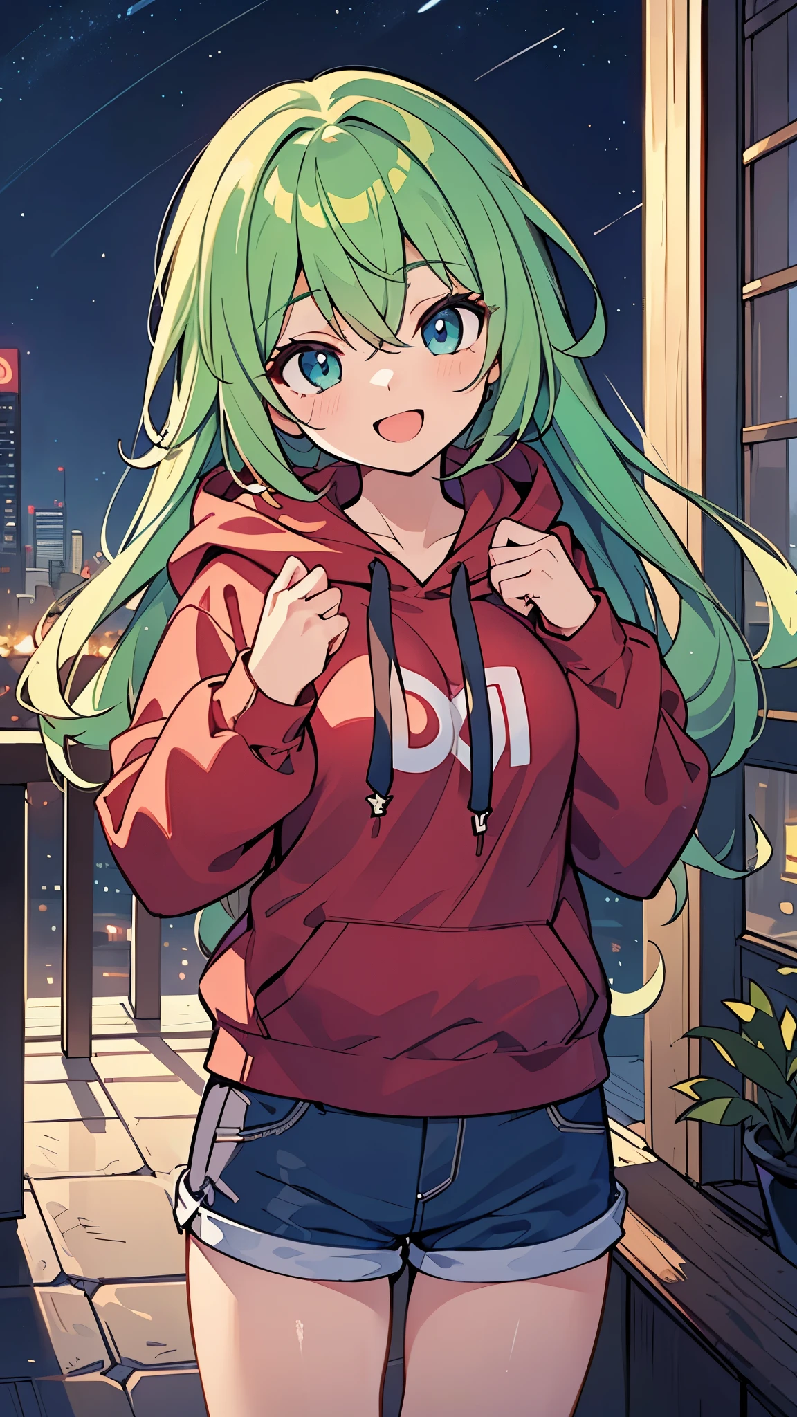 ((A Pretty girl wearing hoodie and hot pants)), face, ((master piece, top-quality, ultra-definition, high resolution)), anime girl, ((ultra-detailed illust:1.2)), only one person, bangs, hair between eye, green colored hair, beautiful hair, Blue colored eyes, Shiny eyes, Beautiful eyes, Medium breasts, Big smile, opened mouth, ((night cityscape))