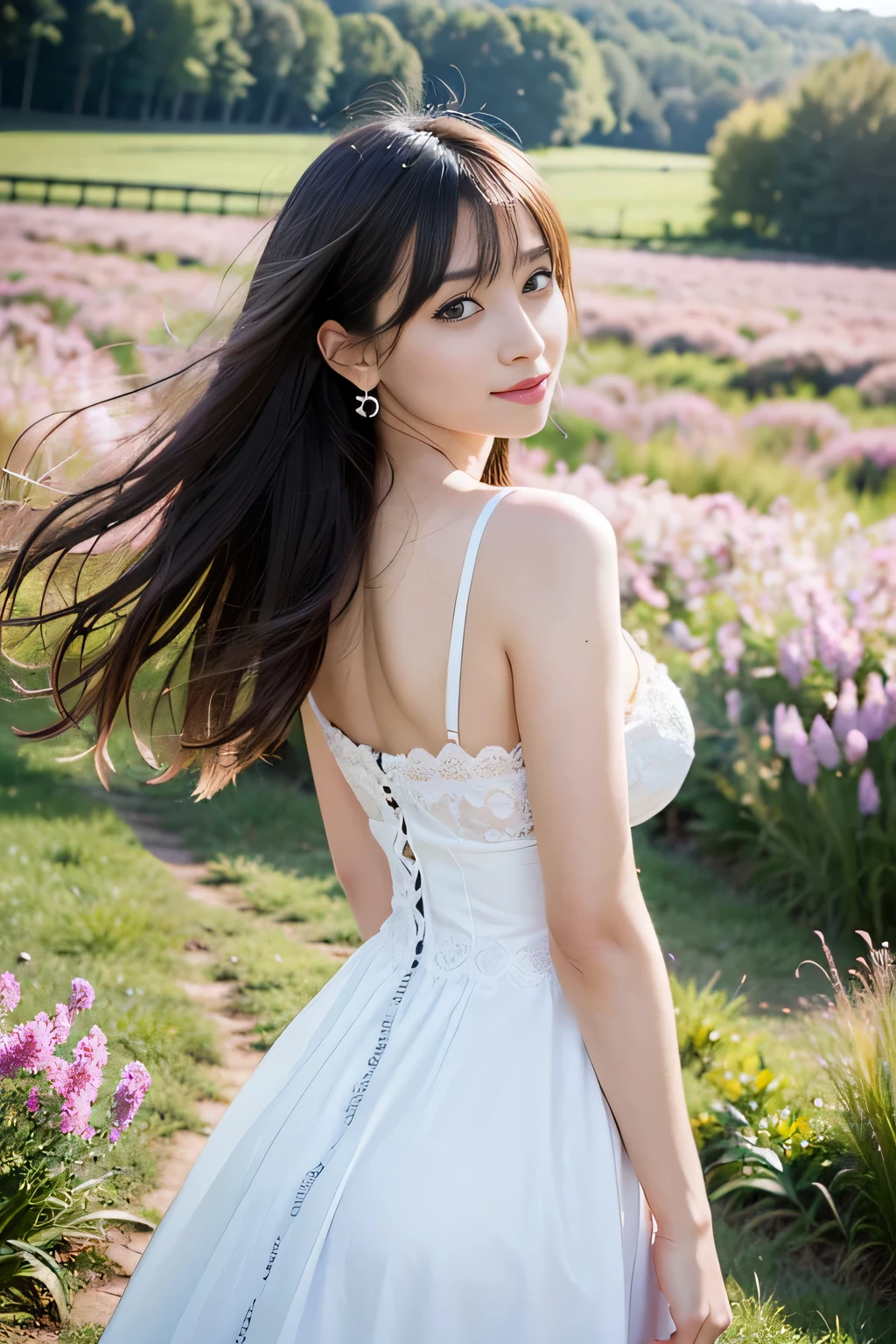(logo、masterpiece、8K、table top、Raw photo、wonderful、最high quality、フォトリアリスティックでvery detailedな CG 統合 8k 壁紙、high quality、very detailed、Narrative poem、particle effects、dynamic effects、written boundary depth、cinematic light、Lens flare、ray tracing)、fantasy、 (1 beautiful woman、dress、dress、Cherry blossom pattern、black haired、beautiful face、real face、beautiful details eyes beautiful skin)、髪がWindで踊る、Hair flutters in Wind、hair bounces、Pink cherry blossom tree、petals dance、SakuraFubuki、wonderful景色、sunrise、Sun in the background、Wind、