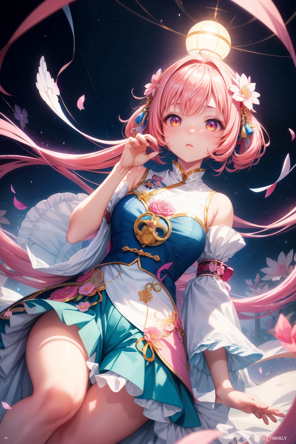 (beautiful tsumyu art, multiple filter effect, chinapunk, nightcore, charming character illustrations, delicate flowers), 1girl, night scene, vibrant colors, intricate details, dreamy atmosphere, ethereal aura, twinkling stars, glowing moonlight, delicate petals, expressive eyes, fascinating expressions, whimsical poses.
This beautiful tsumyu art showcases a charming character illustration of a girl in the middle of a night scene. The multiple filter effect heightens the charming appeal of the art, combining the elements of chinapunk and nightcore styles. The girl, dressed in a delicate outfit, is surrounded by delicate flowers, adding to