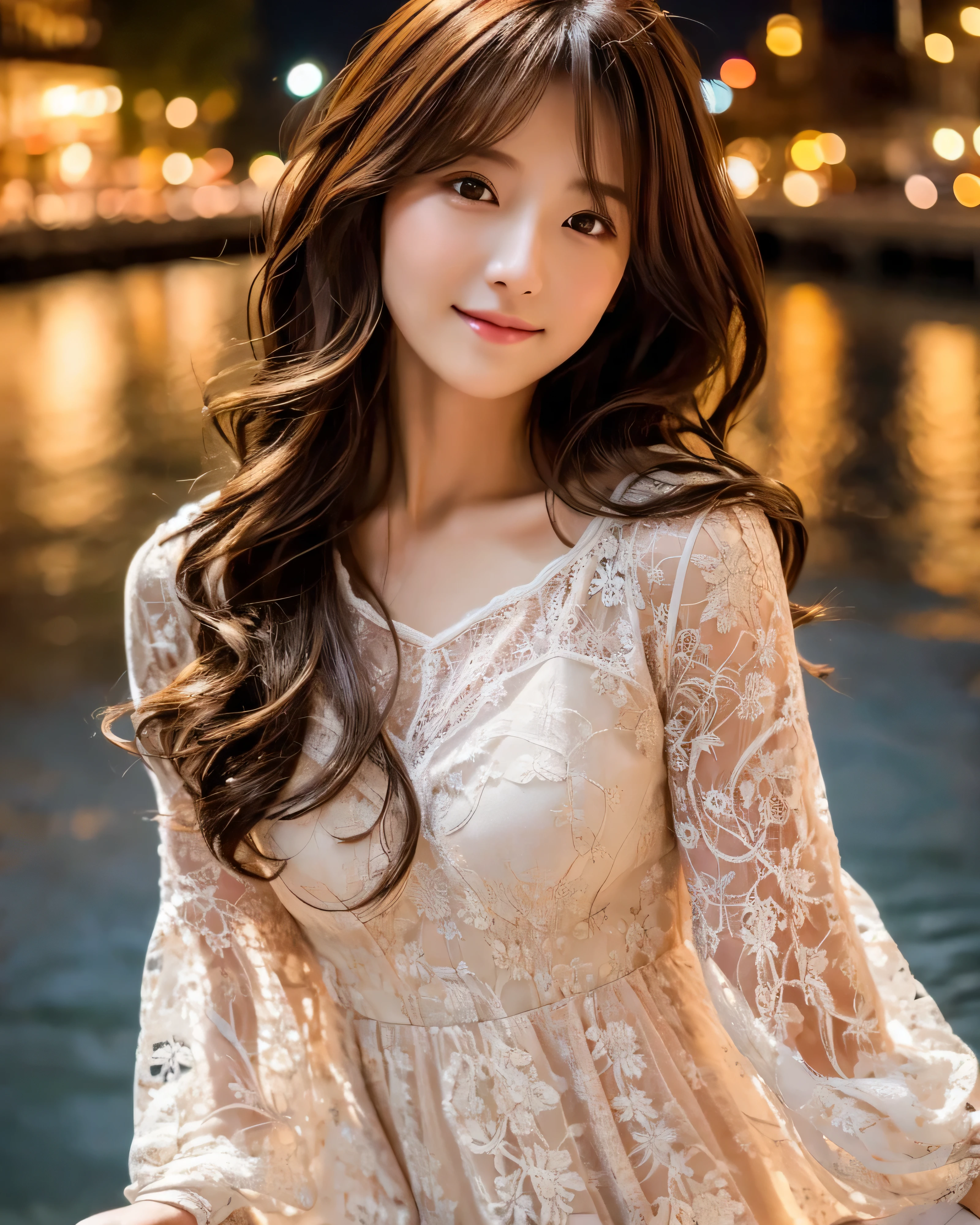 beautiful japanese woman fine hair with complex colors brown hair long hair delicate and beautiful eyes smooth soft skin gentle smile white lace dress standing on a small river Asahi professional photographer professional lighting