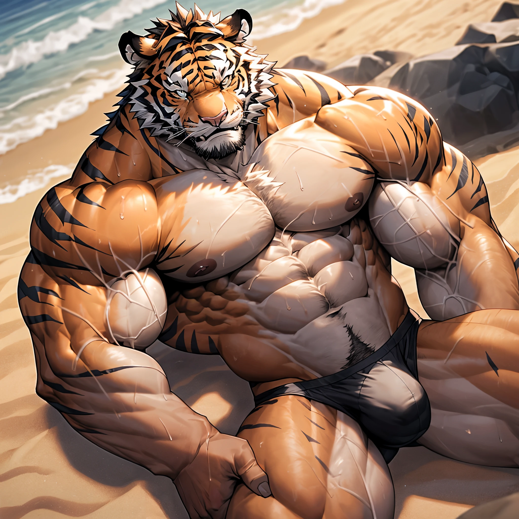 Very muscular furry tiger, white abdomen, heavy weight, bodybuilder build, big pectoral muscle, veiny, wearing black thong, very big bulge, very sweaty, laying at the beach, 4k, realistic, glistening skin, cool angle and lighting, vibrant color, whole body view
