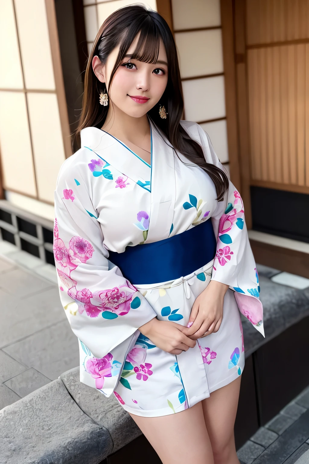 (masterpiece:1.3), High resolution, Super detailed, Highly detailed CG Unity 8K wallpaper, realistic, photo-realistic, RAW photo, beautiful detailed face, white skin, realistic glistening skin, fine cloth texture, detailed hair texture, perfect body, beautiful face, Accurate, anatomically correct, Highly detailed face and skin texture, natural neck length, (beautiful hands), (Fair skin:1.2), thin legs, thin legs, Beautifully aligned teeth throughout the body、Plump thighs、I can see my thighs、Kimono length is short、mooth calves、
fine eyes, symmetrical eyes, light brown eyes, double eyelid, (glossy lips:1.4), ((smile gently:1.2)), (blush:1.1)
Low - Angle、Projection from below、
(very cute girl:1.3), ((Wearing a cute high-class yukata with a floral pattern:1.3)),
big breasts、Plump breasts, (slender body shape:1.1)
((asymmetrical bangs:1.2)), shortcut
((elegant posture:1.3)),
((In a wide overnight ride in Kyoto:1.4)),looking at the viewer