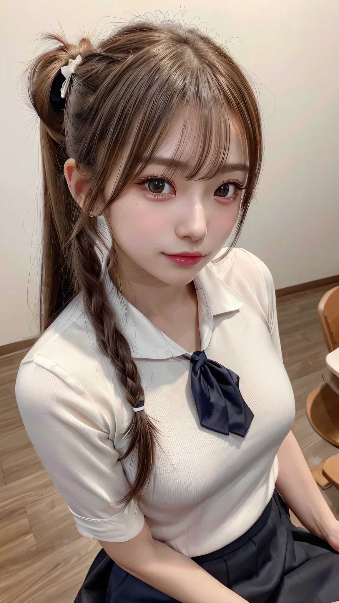 blush,,long hair ponytail,high ,Blouse with white collar,Dark blue plaid skirt,white knee socks,Being in a school classroom,chest is small,((8K, Raw photo, best quality, muste piece:1.2), (Reality, photorealistic:1.4), (Highly detailed 8K wallpaper), Tits sharp focus, Depth of bounds written, cinematic lighting, soft light, detailed beauty eye,Shiny and smooth light brown ponytail, asymmetrical bangs, shiny skin, super detailed skin ,high resolution, high detail, detailed hairstyle, detailed beauty face, hyper real, perfect limbs, perfect anatomy ,1 Japanese girl,famous japanese idol, perfect female body,shy smile,short eyelashes,double-edged eyelids,look straight here,Hair style is ponytail,wear a ribbon tie, long ponytail hairstyle,Stand up straight,So that the whole body can be seen,look straight at me,