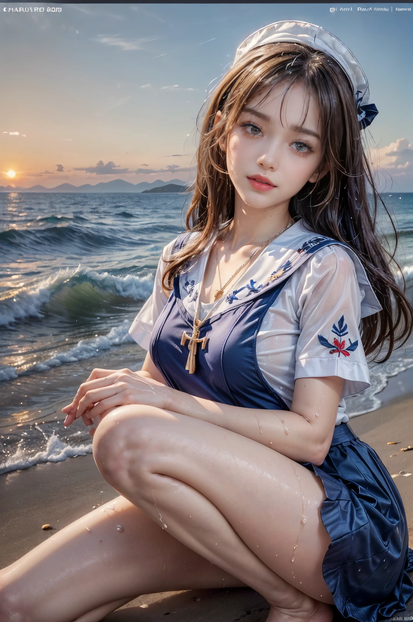 (front focus、perfect anatomy:1.5)、(Super detailed、16K quality、genuine skin: 1.6)、hyper genuineist、genuine.cinematic lighting、Portrait、highly detailed face、1 beautiful thai girl、 （Beautiful 14 year old half Thai/japanese girl、smile:1.3）（medium straight brown hair、Large slit eyes、eye shadow、eyeliner、green color contact lenses:1.5）flashy gal makeup（黒くsunburnした肌、black skin:1.8）sunburn、eyeliner、red lips.Break(Navy Blue Theme:1.4), (Hairpiece:1.3), (Short Sleeves (Navy Blue Sailor Uniform Top) with Double Breasted:1.4), (Double Breasted:1.2), ((Navy Blue Ruffled Tiered Super Long Skirt:1.4), ((White Scapular, White Needles):1.3), （necklace）( Very Detailed White Embroidery:1.3), (barefoot:1.3), BREAK（perfect anatomy）(Wet and transparent clothes:1.4)（Summer sandy beach海岸、sunset）（splash、splash of water）（Crouching model pose:1.3）Summer sandy beach、sunset visible from the horizon