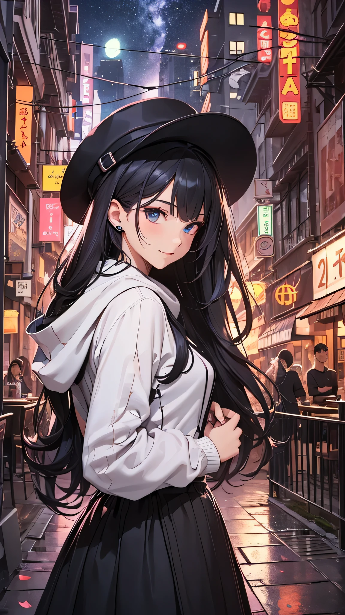 最high quality、best image quality、masterpiece、teenage girl((18-year-old、 By becoming、vest bust、medium bust,wide open breast tea、black eye, black hair、long hair、thin,highest valley、black hoodie(2:3),white skirt、Rear view、cute blue hat、smile、put your hands behind your back、The wind blows)),high quality、beautiful art、background((City of night、Restaurant Area)),debris flies、Depth of written boundary、movie、visual art、perfect art、8K,genuine