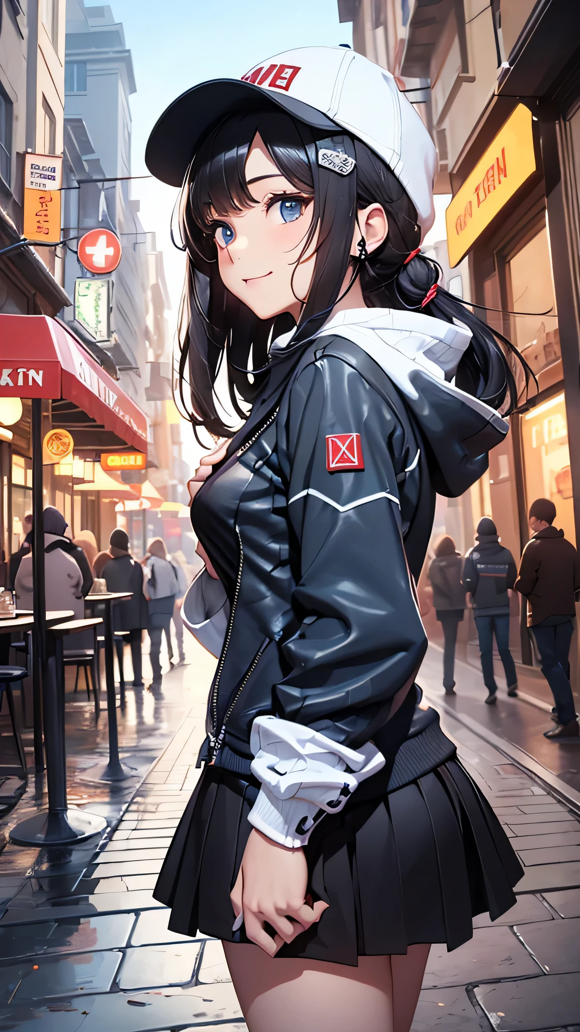 最high quality、best image quality、masterpiece、age girl((18-year-old、 By becoming、vest bust、medium bust,wide open breast tea、black eye, black hair、long hair、thin,highest valley、black hoodie(2:3),white skirt、Rear view、cute blue hat、smile、put your hands behind your back、The wind blows)),high quality、beautiful art、background((City of night、Restaurant Area)),debris flies、Depth of written boundary、movie、visual art、perfect art、8K,genuine