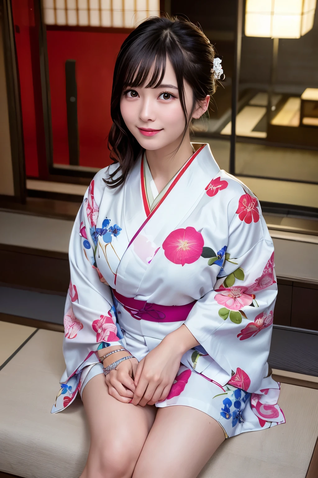 (masterpiece:1.3), High resolution, Super detailed, Highly detailed CG Unity 8K wallpaper, realistic, photo-realistic, RAW photo, beautiful detailed face, white skin, realistic glistening skin, fine cloth texture, detailed hair texture, perfect body, beautiful face, Accurate, anatomically correct, Highly detailed face and skin texture, natural neck length, (beautiful hands), (Fair skin:1.2), thin legs, thin legs, Beautifully aligned teeth throughout the body、Plump thighs、I can see my thighs、Kimono length is short、mooth calves、
fine eyes, symmetrical eyes, light brown eyes, double eyelid, (glossy lips:1.4), ((smile gently:1.2)), (blush:1.1)
Low - Angle、Projection from below、
(very cute girl:1.3), ((Wearing a cute high-class yukata with a floral pattern:1.3)),
big breasts、Plump breasts, (slender body shape:1.1)
((asymmetrical bangs:1.2)), shortcut
((elegant posture:1.3)),
((In a wide overnight ride in Kyoto:1.4)),looking at the viewer