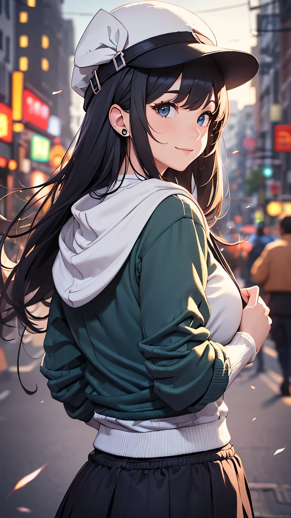 最high quality、best image quality、masterpiece、age girl((18-year-old、 By becoming、vest bust、medium bust,wide open breast tea、black eye, black hair、long hair、thin,highest valley、black hoodie(2:3),white skirt、Rear view、cute blue hat、smile、put your hands behind your back、The wind blows)),high quality、beautiful art、background((City of night、Restaurant Area)),debris flies、Depth of written boundary、movie、visual art、perfect art、8K,genuine