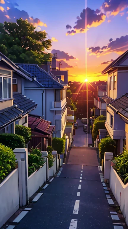 afternoon,There is a small street in the middle,Sunlight slants from the left,The sunset is full,There is a bungalow in the distance,comic style,two-dimensional,no characters