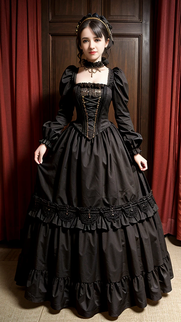 woman wearing dress and boots , baroque dress, in detailed steampunk dress, an elegant gothic princess, victorian gothic lolita fashion, Historical Baroque Dress Dark, black gothic lolita dress, fantasy style clothing, rococo dress, black rococo, classical witch, fantasy outfit, wearing a gothic dress, romantic dress, gothic dress,a blond,20-years old,{{sharp focus}},(((Full body))),A smile,