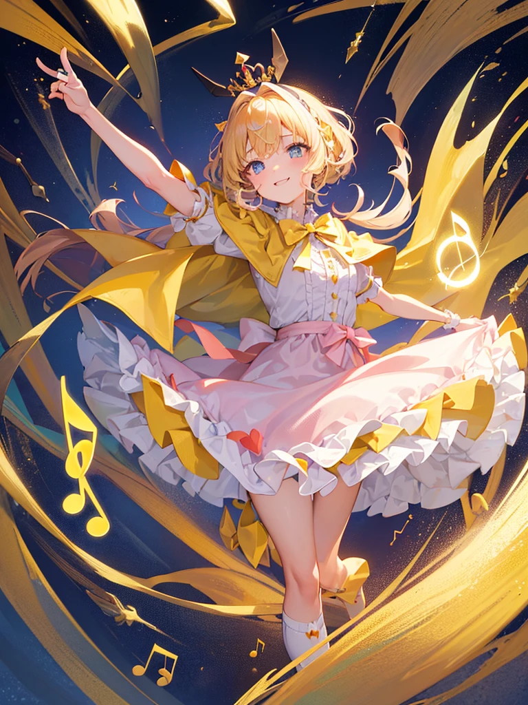 photo realistic, (masterpiece,best quality:1.4),(8k,raw photo,photo realistic:1.2),Not Safe for Work, detailed skin,detailed face,1girl,princess,Alice in Wonderland,cute face, super resolution,retro realistic details Illustration,
((( holding weapon, weapon is hammer, ))), A hammer imbued with magical power, ((yellow, checkered, frilled, yellow layered, yellow mini skirt, overskirt)), ((White ruffle apron)), ((shiny wavy hair)), diadems, ankle boots, doress, (((is turning))), (yellow frilled shirt), yellow gothic dresses, shairband, shortsleeves, the bow hair, happy, ;p, medium bob, (blonde hair), ((wavy hair)), shimmering eyes, ((Blue eyes)), ((yellow shairband)), (((skirt-lift))), melting smile, a smile, red blush, yellow Doress, Alice (Alice in Wonderland), (((cape))), White frilled legwear, ((yellow the Bow)), Puffy Sleeves, Bangss, shortsleeves, ((yellow bow ribbon)), (long hair), (White frilled apron), (((tiara))), White frilled legwear, frilld, yellow gothic dresses,: q, ((Heart necklace)), ((ring)), masterpiece, top-quality, not safe for work, , child, 14 yo, braided bangs, arm garter, baby face ,twinkle in the eye, flat chest,
yumekawa,yumekawaii,pastel color,(wonderland:1.3),imagination, floating many (musical notes:1.4) with score, colorful musical notes, ((light Pink background)), (Multicolored lights),magic circlel, (((trading card))),