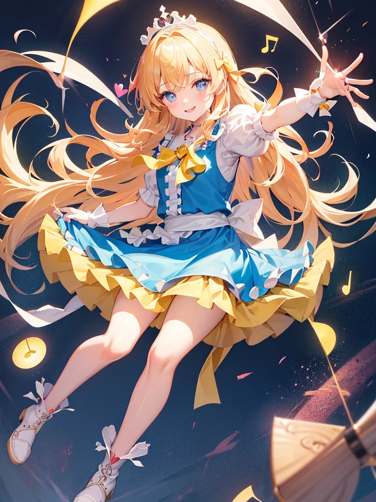 photo realistic, (masterpiece,best quality:1.4),(8k,raw photo,photo realistic:1.2),Not Safe for Work, detailed skin,detailed face,1girl,princess,Alice in Wonderland,cute face, super resolution,retro realistic details Illustration,
((( holding weapon, weapon is hammer, ))), A hammer imbued with magical power, ((yellow, checkered, frilled, yellow layered, yellow mini skirt, overskirt)), ((White ruffle apron)), ((shiny wavy hair)), diadems, ankle boots, doress, (((is turning))), (yellow frilled shirt), yellow gothic dresses, shairband, shortsleeves, the bow hair, happy, ;p, medium bob, (blonde hair), ((wavy hair)), shimmering eyes, ((Blue eyes)), ((yellow shairband)), (((skirt-lift))), melting smile, a smile, red blush, yellow Doress, Alice (Alice in Wonderland), (((cape))), White frilled legwear, ((yellow the Bow)), Puffy Sleeves, Bangss, shortsleeves, ((yellow bow ribbon)), (long hair), (White frilled apron), (((tiara))), White frilled legwear, frilld, yellow gothic dresses,: q, ((Heart necklace)), ((ring)), masterpiece, top-quality, not safe for work, , child, 14 yo, braided bangs, arm garter, baby face ,twinkle in the eye, flat chest,
yumekawa,yumekawaii,pastel color,(wonderland:1.3),imagination, floating many (musical notes:1.4) with score, colorful musical notes, ((light Pink background)), (Multicolored lights),magic circlel, (((trading card))),