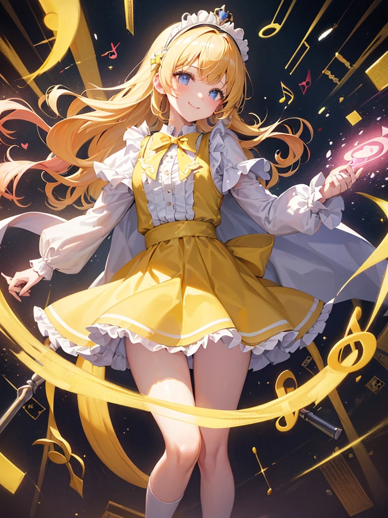photo realistic, (masterpiece,best quality:1.4),(8k,raw photo,photo realistic:1.2),Not Safe for Work, detailed skin,detailed face,1girl,princess,Alice in Wonderland,cute face, super resolution,retro realistic details Illustration,
((( holding weapon, weapon is hammer, ))), A hammer imbued with magical power, ((yellow, checkered, frilled, yellow layered, yellow mini skirt, overskirt)), ((White ruffle apron)), ((shiny wavy hair)), diadems, ankle boots, doress, (((is turning))), (yellow frilled shirt), yellow gothic dresses, shairband, shortsleeves, the bow hair, happy, ;p, medium bob, (blonde hair), ((wavy hair)), shimmering eyes, ((Blue eyes)), ((yellow shairband)), (((skirt-lift))), melting smile, a smile, red blush, yellow Doress, Alice (Alice in Wonderland), (((cape))), White frilled legwear, ((yellow the Bow)), Puffy Sleeves, Bangss, shortsleeves, ((yellow bow ribbon)), (long hair), (White frilled apron), (((tiara))), White frilled legwear, frilld, yellow gothic dresses,: q, ((Heart necklace)), ((ring)), masterpiece, top-quality, not safe for work, , child, 14 yo, braided bangs, arm garter, baby face ,twinkle in the eye, flat chest,
yumekawa,yumekawaii,pastel color,(wonderland:1.3),imagination, floating many (musical notes:1.4) with score, colorful musical notes, ((light Pink background)), (Multicolored lights),magic circlel, (((trading card))),