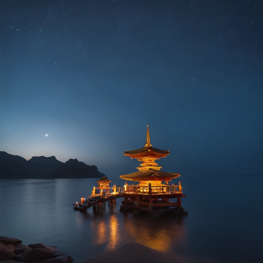 ((highest quality)),(masterpiece),(be familiar with),4K,starry sky,night sky,night view,(A shrine floating in the sea:1.3),((mysterious))