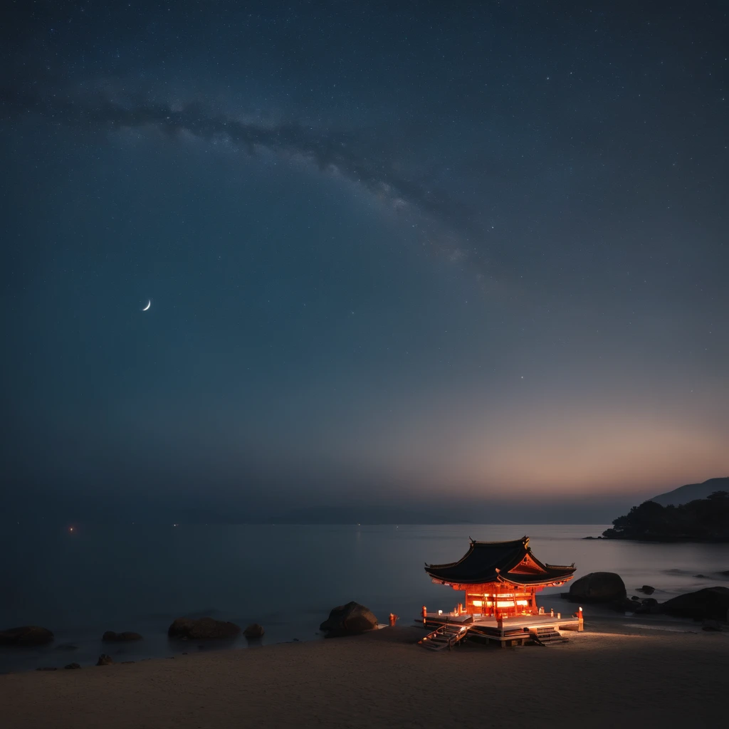 ((highest quality)),(masterpiece),(be familiar with),4K,starry sky,night sky,night view,(A shrine floating in the sea:1.3),((mysterious))