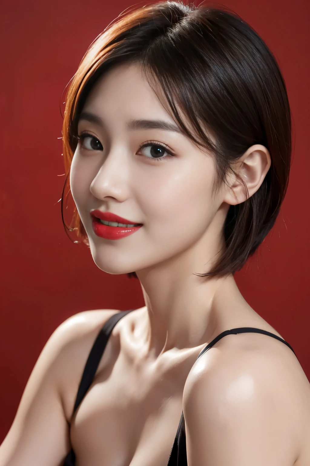 Best quality, 4k, 8k, detailed face, clear face, beautiful girl, Korean makeup, red lips, smile, perfect body, shoulder length straight short hair, huge breasts