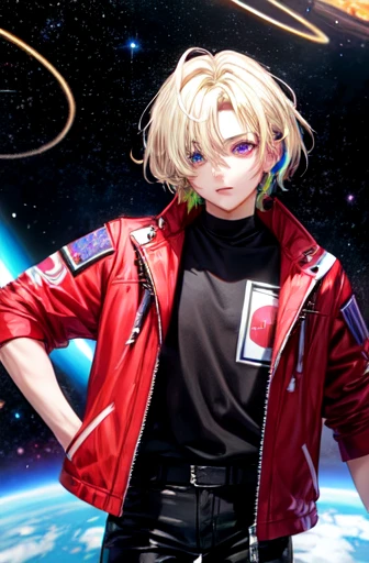 ((best quality)), ((masterpiece)), (detailed), perfect face ((best quality)), ((masterpiece)), (detailed), perfect face, 1 man, outer space background, light particle, solo, blonde hair with purple tips, two block cut, heterochromia eyes, right eye purple, left eye blue, standing, wearing red jacket and black pants, depth of field, cinematic composition, best lighting