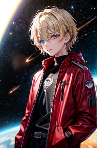 ((best quality)), ((masterpiece)), (detailed), perfect face ((best quality)), ((masterpiece)), (detailed), perfect face, 1 man, outer space background, light particle, solo, blonde hair with purple tips, two block cut, heterochromia eyes, right eye purple, left eye blue, standing, wearing red jacket and black pants, depth of field, cinematic composition, best lighting