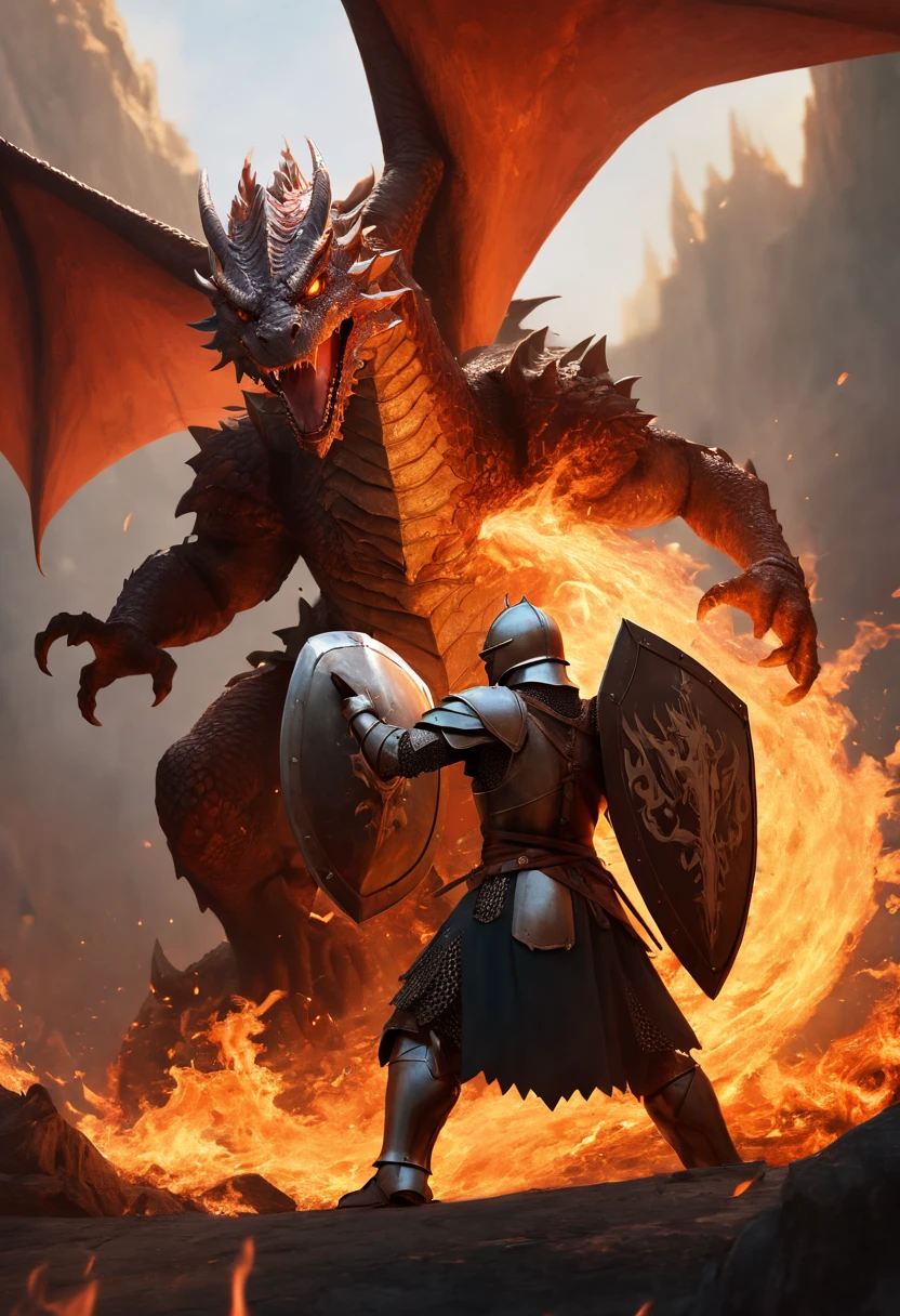 A brave knight holding up a huge shield, fighting a fire dragon, dragon flames on shield, (best quality, masterpiece, Representative work, official art, Professional, unity 8k wallpaper)
