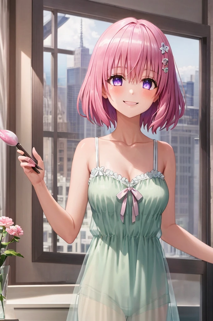 Momodeviluke, Deviluke type, demon tail, hair flower, hair ornaments, (purple eyes:1.1), pink hair, short hair, tail, smile,blush,happy smile, smile,Are standing,
break demon tail, green skirt, just got out of the bath,blush,smile, open your mouth,damp hair,cover your naked body with a bath towel,
break indoors, indoor,
break looking at viewer, (cowboy shot:1.5),
break (masterpiece:1.2), highest quality, High resolution, unity 8k wallpaper, (figure:0.8), (beautiful detailed eyes:1.6), extremely detailed face, perfect lighting, extremely detailed CG, (perfect hands, perfect anatomy),